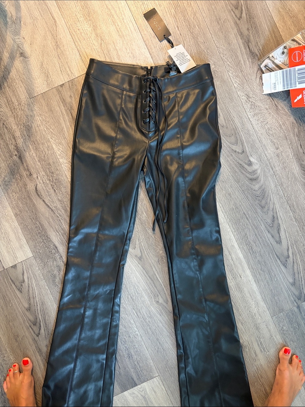 Faux Leather Lace-Up Black Pants